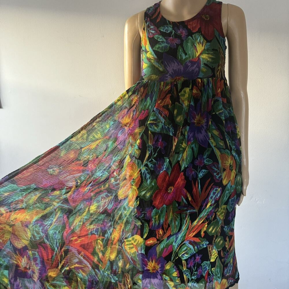 Vtg PAPILLON Bright Floral Sheer Crinkle Maxi Tank Dress 90s Y2K Grunge Goth S